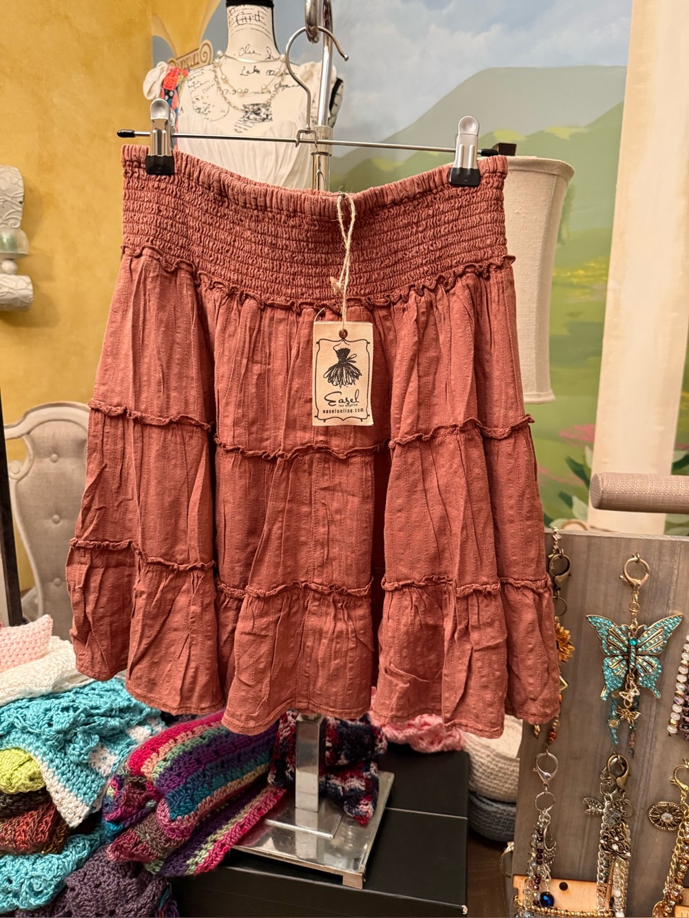 Easel Smocked Tiered Mini Skirt in Rust